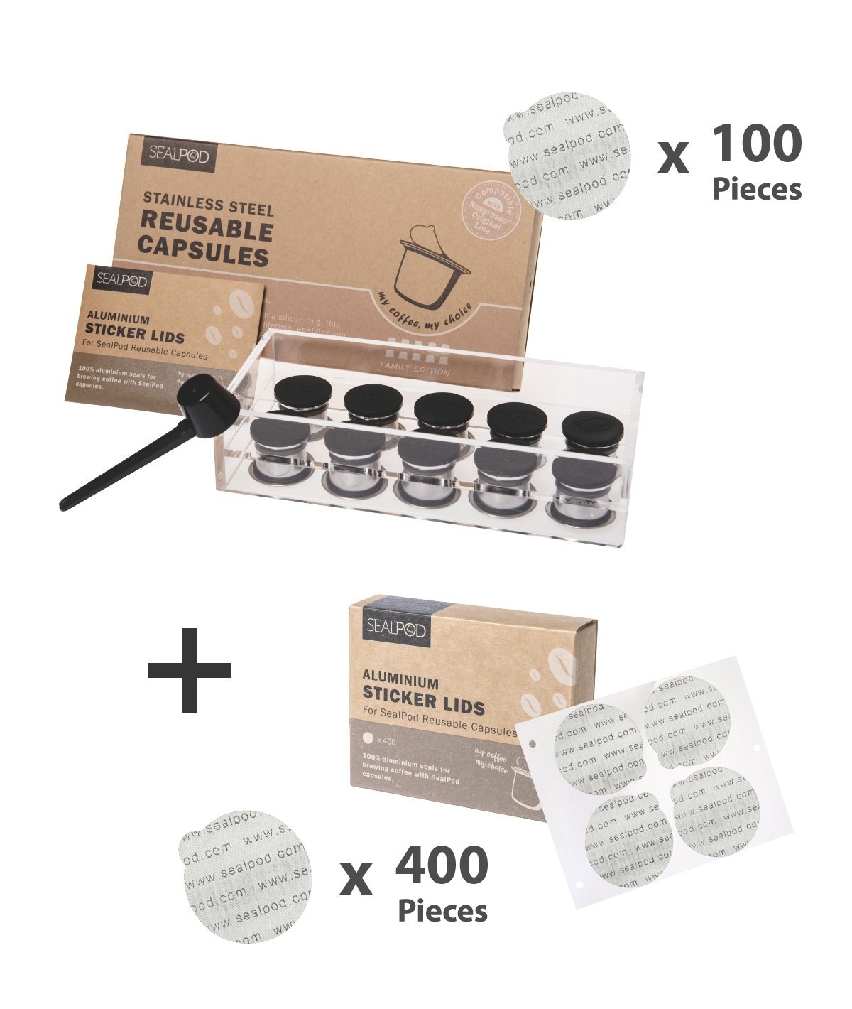 Nespresso Reusable Pods(Family Pack - 10 PODs, 100 LIDs /1 FILLING STATION)|<Sealpod> - SealPod + 400 lids sticker lids