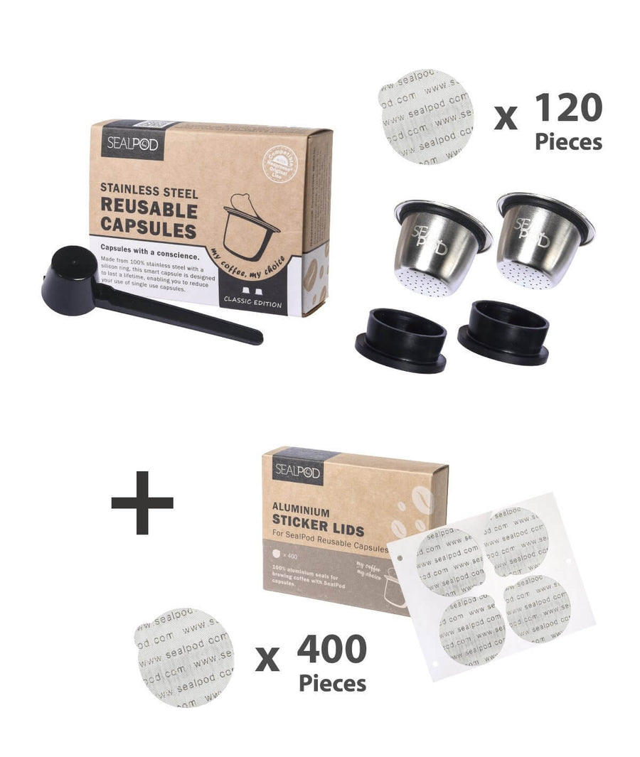 Nespresso Reusable Capsules (Classic Pack - 2 Pods, 120lids)|<Sealpod> - SealPod + 400 lids sticker lids
